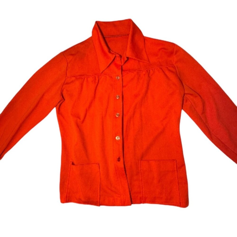 Vintage Handmade Red Polyester Button Down (NO SIZE TAG = MEASUREMENTS)